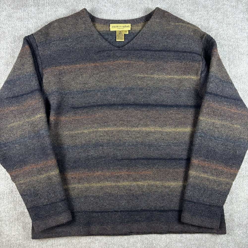 Tricots St Raphael Mens M Merino Wool Sweater Brown Striped V Neck Uruguay